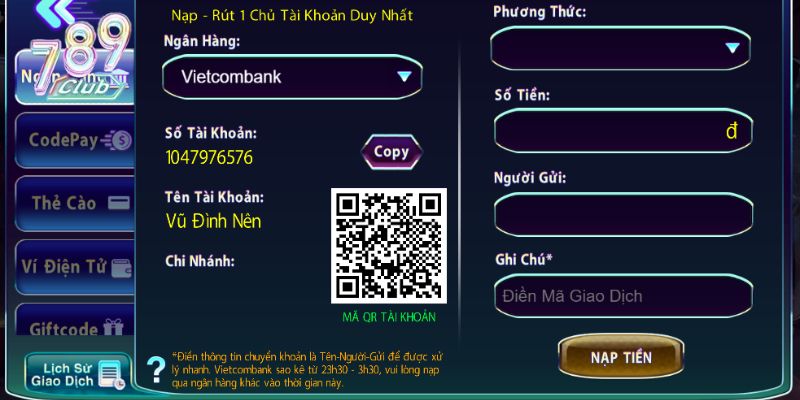 Hướng dẫn nạp tiền 789Club với 5 phương thức đầy đủ nhất 1 Biểu mẫu nạp tiền bằng ngân hàng trên 789Club
