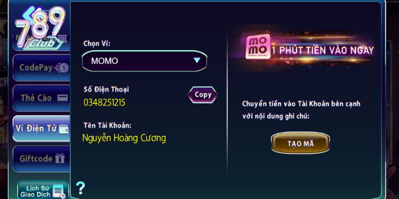 Hướng dẫn nạp tiền 789Club với 5 phương thức đầy đủ nhất 2 Người chơi nạp tiền bằng ví điện tử tại 789Club